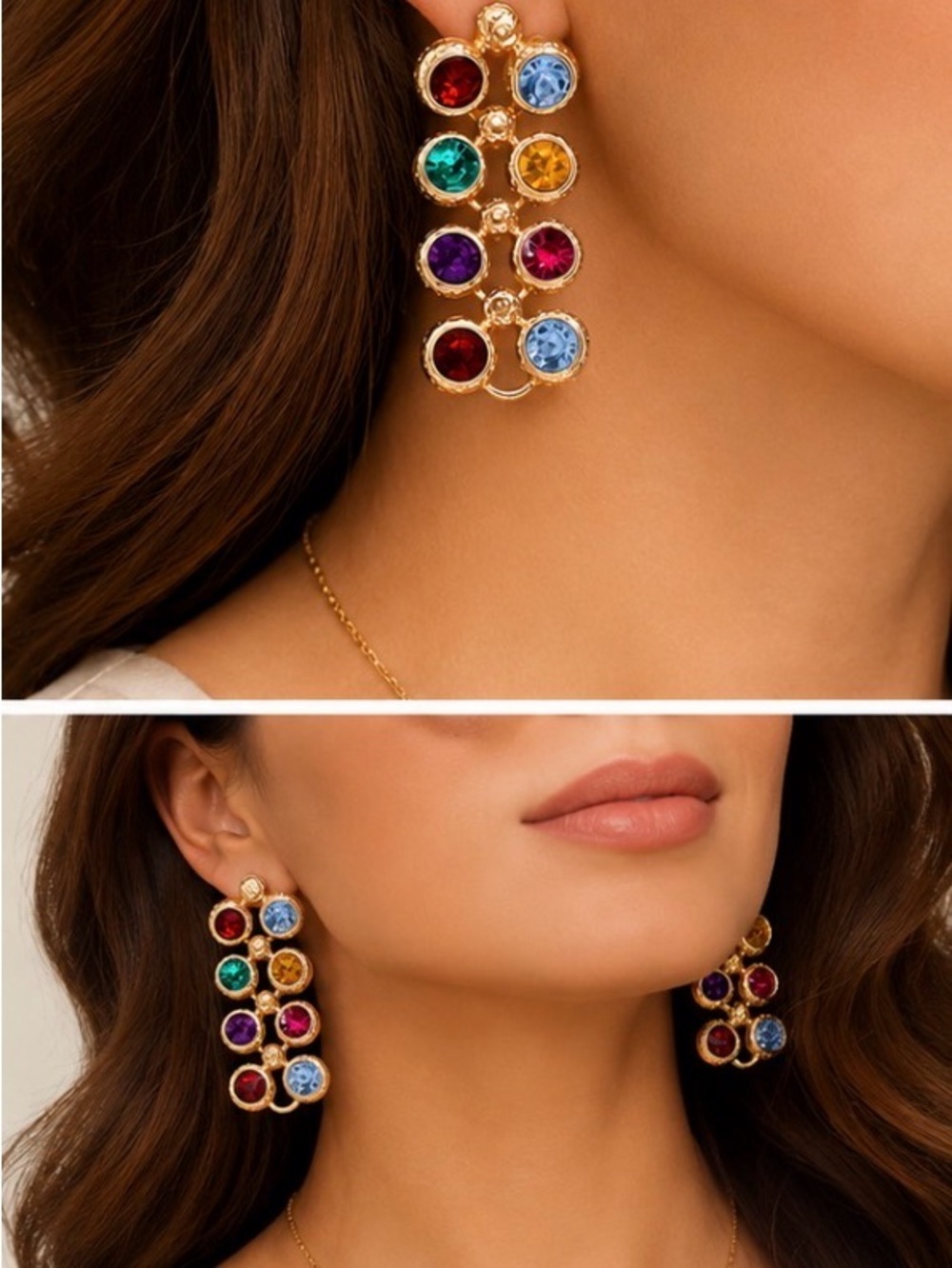 ✨ Colorful Gold-Tone Crystal Statement Drop Earrings | Multicolor Rhinestone - Picture 5 of 5